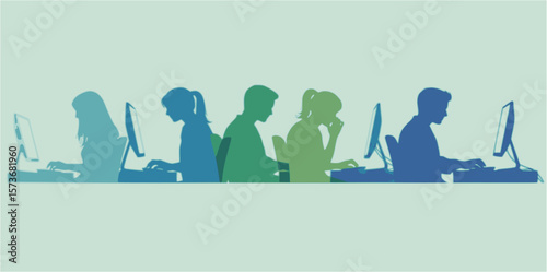 A row of colorful silhouettes showing diverse people working on computers at their desks in a modern office environment.