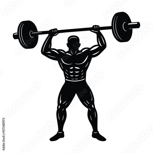 Strong weightlifter raising barbell overhead in dynamic silhouette for fitness and sports advertising
