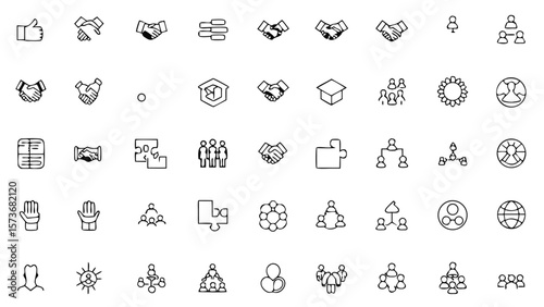 Collection of business and social interaction icons in a line art style showing collaboration and teamwork