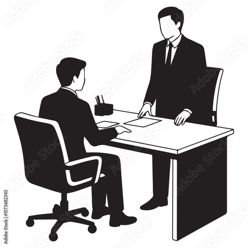Vector art of two businessmen are in a meeting at a desk isolated on white background