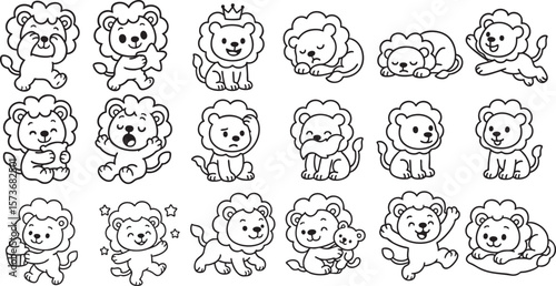 Cute Cartoon Lion Set in 4 Poses Simple Black and White Line Art for Kids Coloring Book | Generative AI