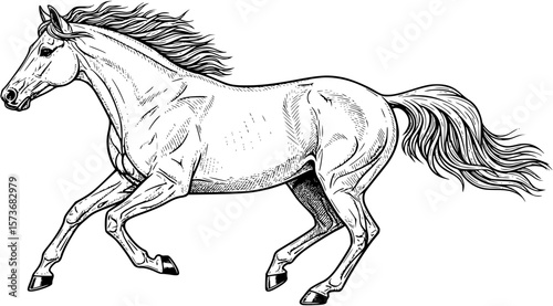 A detailed, classic illustration of a white horse trotting.