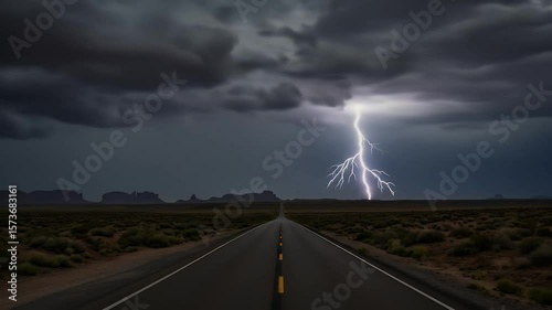 Lightning Striking Over Desert Road with Stormy Clouds