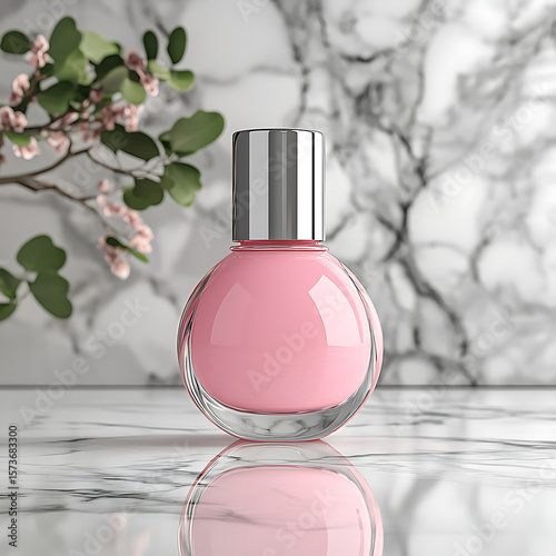Elegant Pink Nail Polish Bottle on Marble Surface with Floral Background