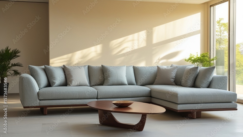 Fototapeta premium Light gray sectional sofa with wooden legs and coffee table.