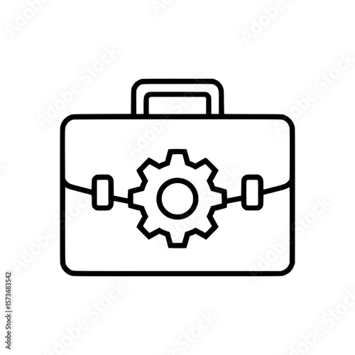 Outline Icon of Briefcase with Gear in the Center, Symbolizing Business Settings, Configuration or Technical Work