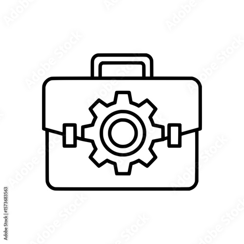 Outline Icon of Briefcase with Gear in the Center, Symbolizing Business Settings, Configuration or Technical Work