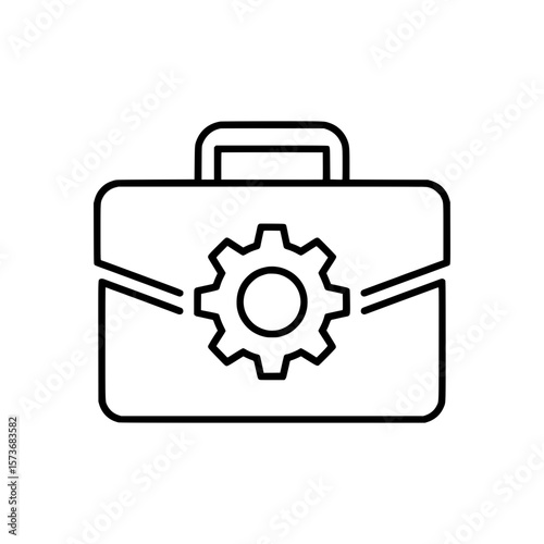 Outline Icon of Briefcase with Gear in the Center, Symbolizing Business Settings, Configuration or Technical Work