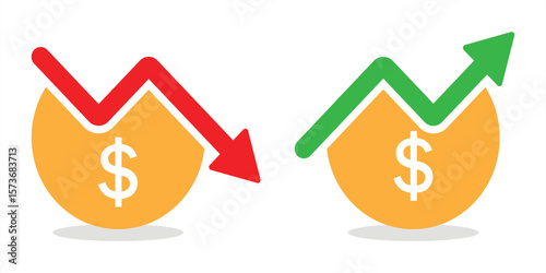 price, rate, profit increase and decrease icon, set of cost symbol dollar, money, coin sign with arrow up and down. transparent vector illustration for app, website, presentation