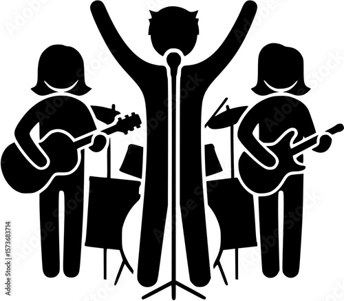 A silhouette of a happy group of people, including a musician with a guitar, celebrating together.
