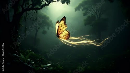 Butterfly Flying Through a Dark Mysterious Forest with Glowing Trails