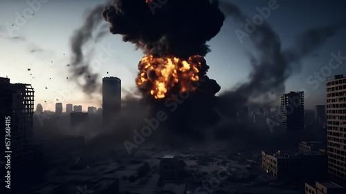 City Explosion with Rising Smoke and Debris Against Dark Sky
