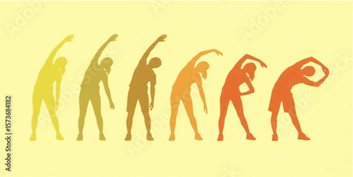 Silhouetted figures performing stretching exercises with a gradient color scheme.