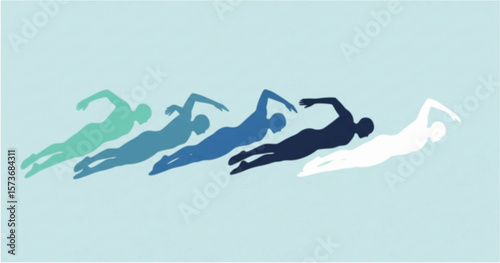 Silhouetted swimmers in various shades of blue, gliding through water.