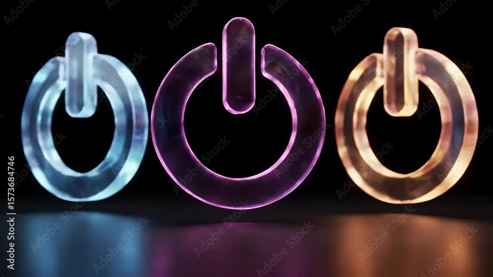 Three Glowing Power Buttons in Blue Pink and Orange Set Against a Black Background Creating a Modern and Minimalist Aesthetic