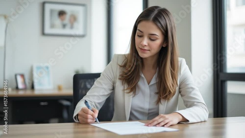 Young Businesswoman Signing Documents at Desk in Bright Modern Office