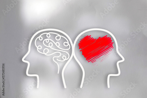 Conceptual illustration of brain and heart drawn on white paper, symbolizing the balance between IQ and EQ. Ideal for themes in psychology, education, leadership, and personal development.