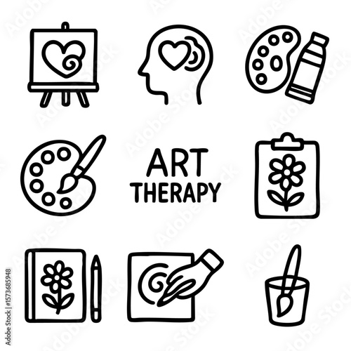 A set of doodle line icons representing art therapy tools and creative mental health activities like drawing and painting
