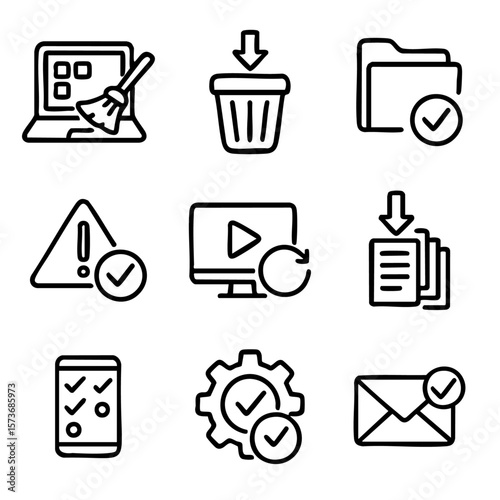 A set of doodle line icons showing digital cleanup, system optimization, file management, and data protection across devices and platforms