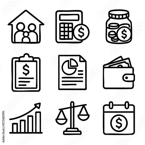 A set of doodle line icons focused on personal finance, budgeting, savings, expenses, income tracking, and financial planning tools