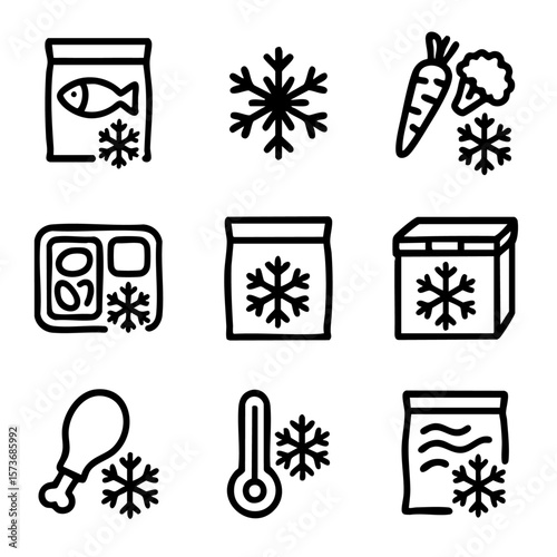 A set of doodle line icons showing frozen food items, storage bags, cold temperature symbols, and meal preservation for freezer use