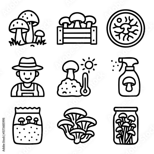 A set of doodle line icons representing mushroom farming, growing conditions, spore development, harvesting, and storage processes