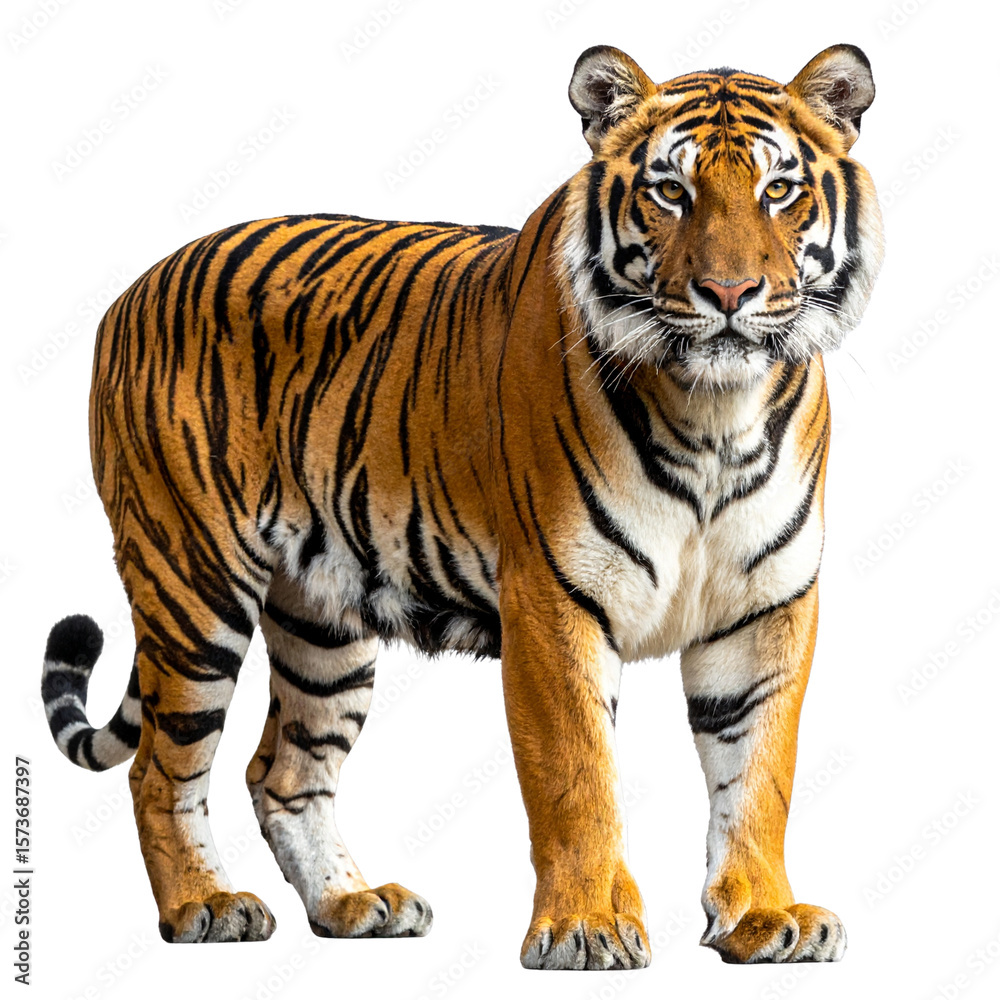 Obraz premium Powerful Bengal Tiger Standing Still with Intense Gaze, Isolated on Transparent PNG Background