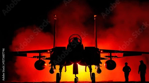 Striking Silhouette: F-15 Eagle Fighter Jet Prepares for Night Mission, Awaiting Flight