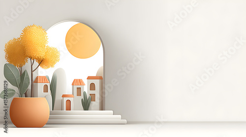 a vibrant artistic illustration of a cozy mediterranean town scene, viewable through an arched doorway