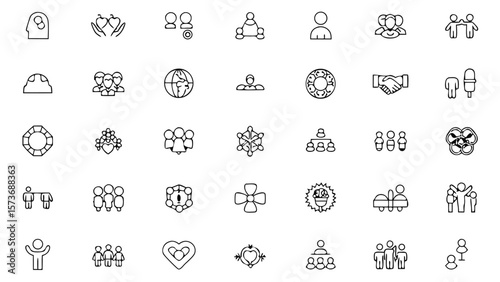 Collection of various outline icons representing teamwork, community, and collaboration concepts shown here