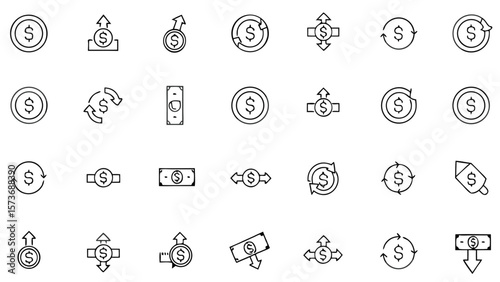 Collection of money icons depicting various financial transactions and currency movements in simple line art