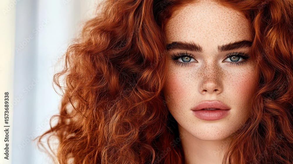 Fototapeta premium Radiant Beauty: A portrait of a stunning woman with vibrant red hair, freckled skin, and captivating eyes, exuding elegance and natural beauty.