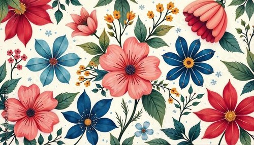 Seamless floral pattern with pink, red, and blue flowers and green leaves on a light cream background. 