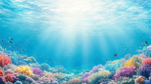 Underwater Paradise: A vibrant underwater scene showcases a flourishing coral reef bathed in the ethereal glow of sunlight, teeming with life and color.