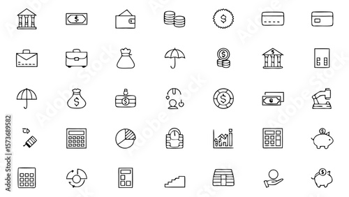 Collection of finance and business related icons including money and banking elements drawn in black lines