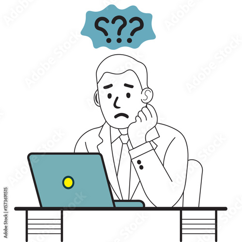 Worried businessman at desk with laptop, question marks overhead, conveying workplace confusion or problem-solving