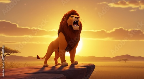 Stylized animated lion roaring on rock at sunrise in savannah landscape