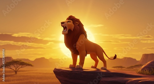 Stylized animated lion roaring on rock at sunrise in savannah landscape