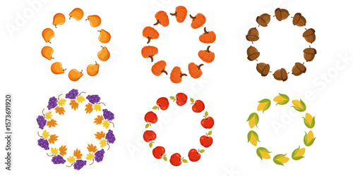 Autumn fruit and leaf wreath set. Fall pumpkin, acorn, apple, grape, pear and corn circles