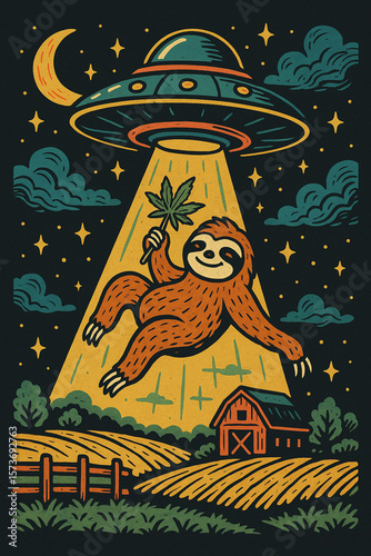 Playful retro-style illustration of a smiling sloth being abducted by a UFO while holding a cannabis leaf. Bold vintage colors, farmland background, and humorous sci-fi design with a cosmic vibe.