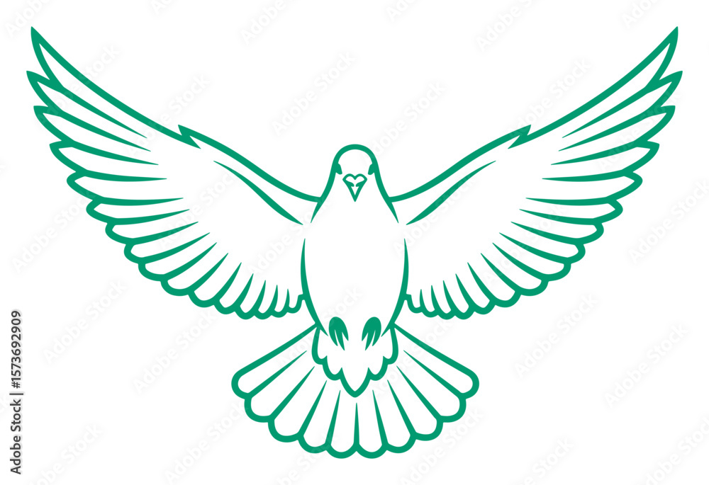 Fototapeta premium Dove of Peace Graphic in Emerald Green Outline on White Background