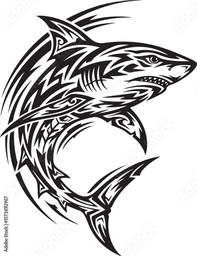 Tribal shark illustration showcases intricate black and white tattoo design elements.