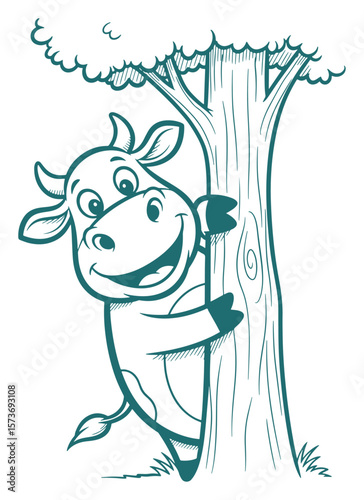 Cute Cartoon Cow Peeking from Behind a Tree, Vector Outline Drawing