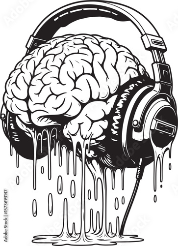 Brain with headphones illustration showcases creative mind and music connection.