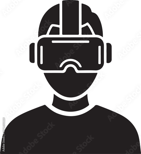 Person wearing virtual reality headset, a modern technology and gaming experience icon.