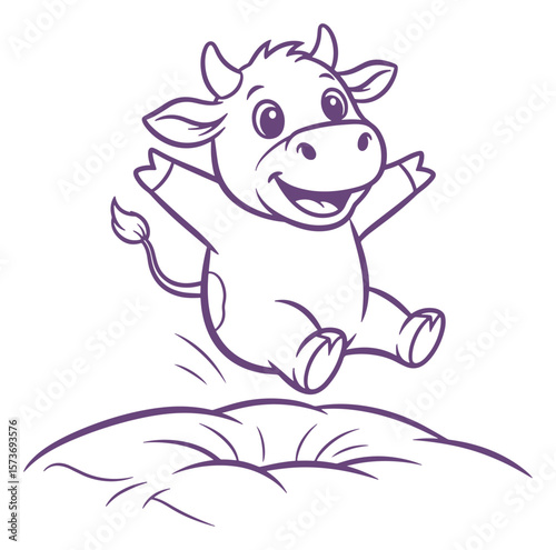 Cute Cartoon Cow Jumping on a Cloud in Outline Style