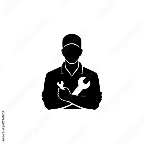 Silhouette of a mechanic holding two wrenches with arms crossed and wearing a cap is showcased here