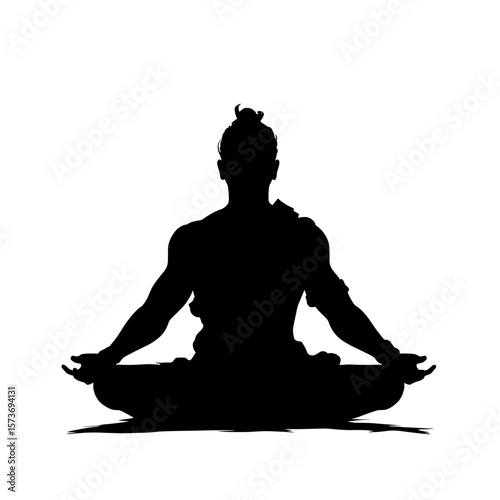 Silhouette of a person meditating in lotus pose with hands in mudra position, facing the viewer