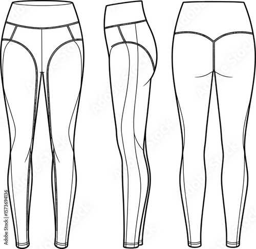 High waist athletic leggings technical sketch, front side back view, flat vector drawing, fitness fashion pants, cad workout illustration