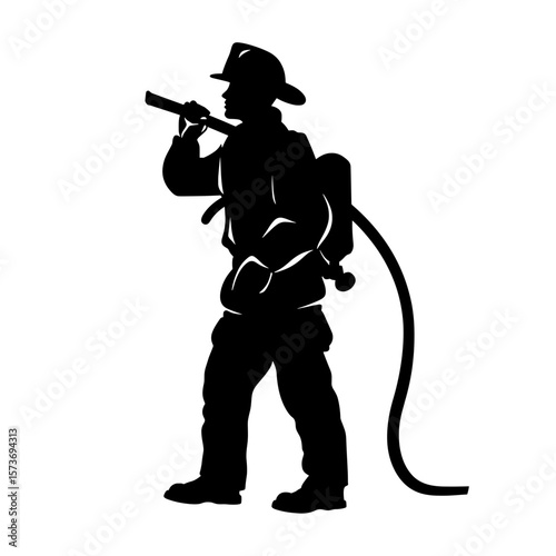 Silhouette of a firefighter holding a hose over his shoulder with equipment on his back shown